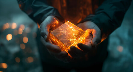 Technologhy Energy Cube: Hands Holding a Luminous techno Artifact