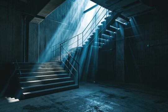 An empty room with stairs and beams of light. Generative AI.