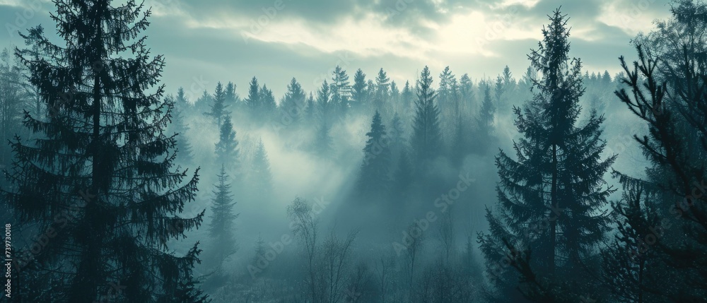 Poster a dark forest with trees and fog. generative ai.