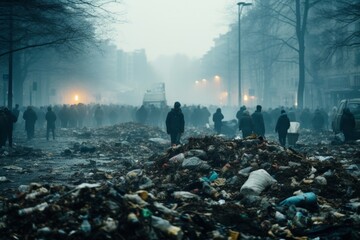A grim reality. urban streets choked with garbage, unveiling an alarming environmental catastrophe - obrazy, fototapety, plakaty