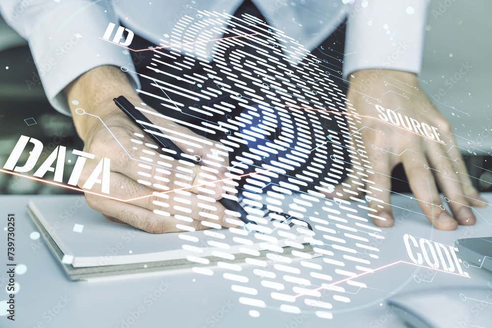 Leinwandbilder multi exposure of creative fingerprint hologram with hand writing in notebook on background with lap