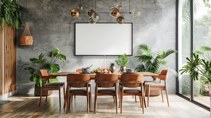 Mockup poster frame in modern interior background, living room decoration long table, 3D rendering. Generative Ai