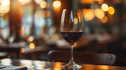 Glass of red wine sitting on table at a restaurant