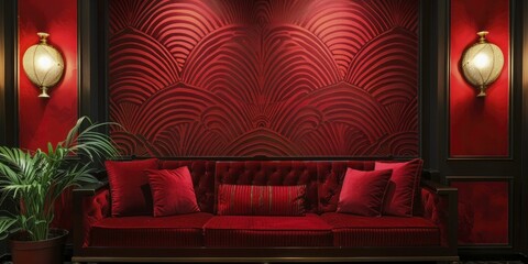 Inspired by the roaring twenties, this wallpaper showcases red flapper themes and geometric patterns.
