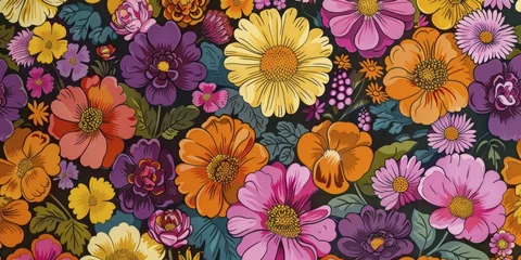 Zelfklevend Fotobehang This wallpaper brings a retro chic with its vibrant blooms and bold, psychedelic colors. © Manyapha