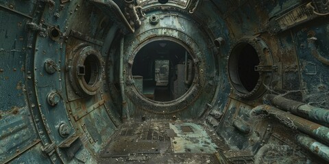 Alien symbols and silent corridors evoke space horror in this abandoned spaceship interior wallpaper.