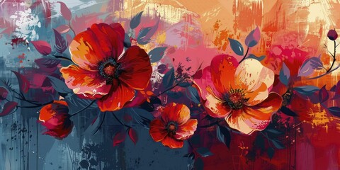 Abstract floral wallpaper, bold colors and modern designs, contemporary art statement