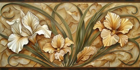 Art Nouveau iris and lily wallpaper, flowing lines, natural beauty