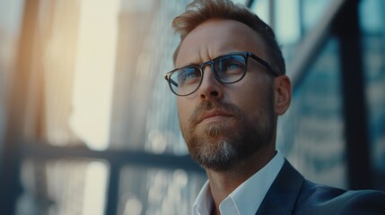 Successful businessman in urban setting, planning investments.