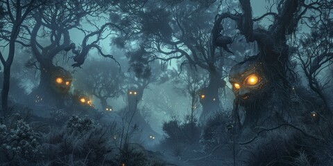 Creepy forest at night wallpaper, glowing eyes among the trees, unsettling quiet