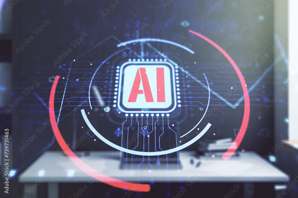 Aufkleber Double exposure of creative artificial Intelligence abbreviation and modern desk with computer on background. Future technology and AI concept