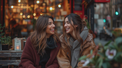 Fototapeta premium Beautiful Mexican girlfriends in a street cafe in New York