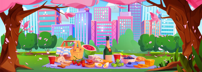 Picnic setup with basket, fruit and bottle of wine on cloth in public city park under trees with pink blossom. Cartoon vector spring urban landscape with food for outdoor lunch on grass in town garden