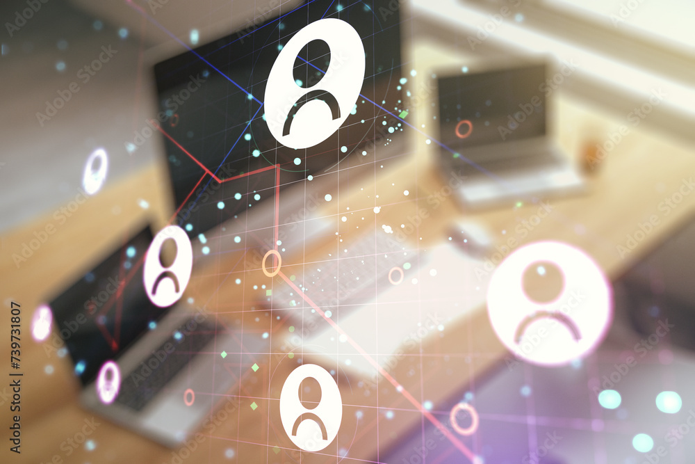 Poster double exposure of social network icons concept and modern desktop with laptop on background. market