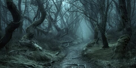 A wallpaper that brings to life the secluded terror of a haunted forest path, with its twisted branches and softly whispering leaves. - obrazy, fototapety, plakaty