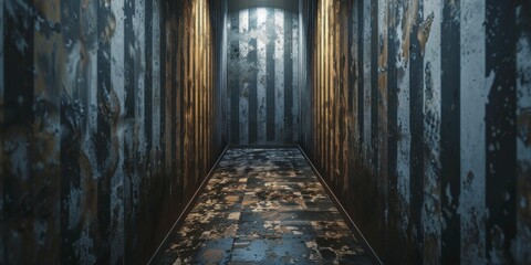 Dim corridor with peeling striped wallpaper, illusion of depth, narrowing escape