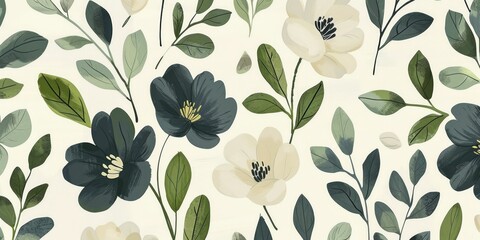 Wallpaper featuring eco-friendly floral patterns, embodying sustainable design with modern aesthetics for conscious decor - obrazy, fototapety, plakaty