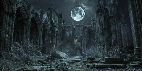 Mysterious relics among Gothic cathedral ruins, illuminated by moonlight shadows, captured in this wallpaper.