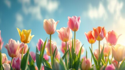 Beautiful bright, multi-colored yellow, white, red, purple, and pink blooming tulips Vibrant tulips in bloom, a lively spring scenery in springtime. Spring-Easter flower background.