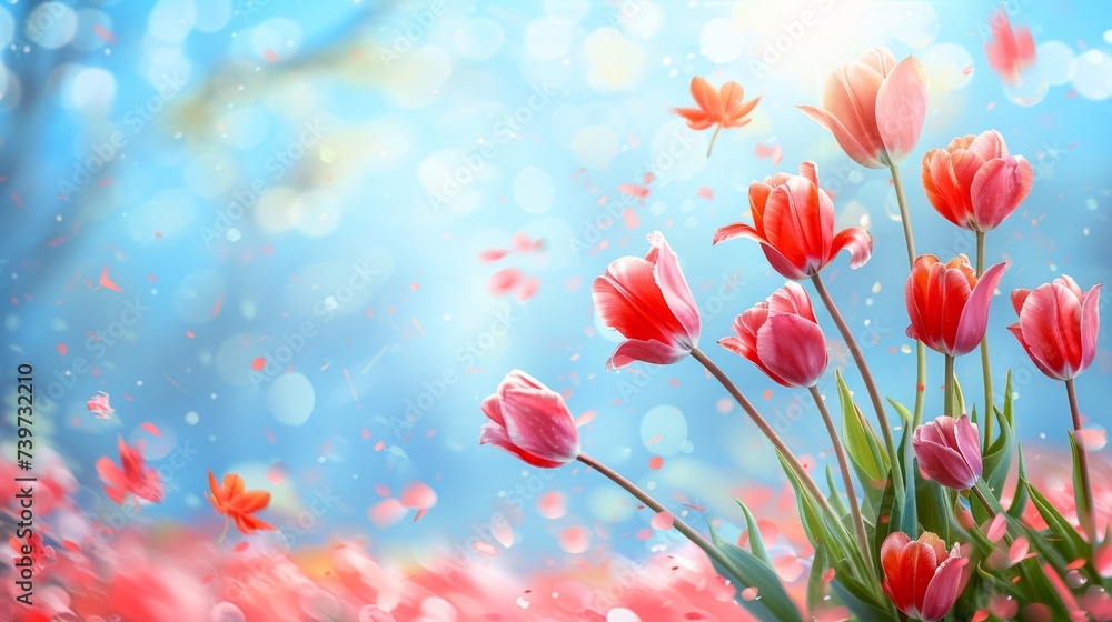 Wall mural Beautiful bright, multi-colored yellow, white, red, purple, and pink blooming tulips Vibrant tulips in bloom, a lively spring scenery in springtime. Spring-Easter flower background.