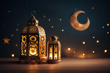 A dark photography of a crescent moon and a lantern with a dim lighting effect. - obrazy, fototapety, plakaty
