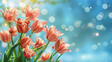 Fototapeta na wymiar Beautiful bright, multi-colored yellow, white, red, purple, and pink blooming tulips Vibrant tulips in bloom, a lively spring scenery in springtime. Spring-Easter flower background.