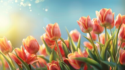 Beautiful bright, multi-colored yellow, white, red, purple, and pink blooming tulips Vibrant tulips in bloom, a lively spring scenery in springtime. Spring-Easter flower background.