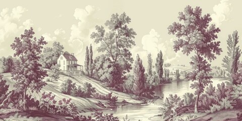 Red toile wallpaper featuring pastoral scenes, a nod to classic French country aesthetics with old-fashioned allure