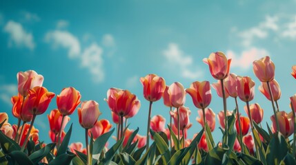 Fototapeta premium Beautiful bright, multi-colored yellow, white, red, purple, and pink blooming tulips Vibrant tulips in bloom, a lively spring scenery in springtime. Spring-Easter flower background.
