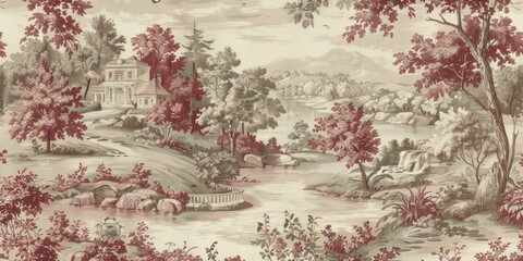 Timeless French country charm captured in the pastoral elegance of old-fashioned red toile scenes