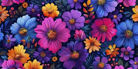 Retro pop art floral pattern wallpaper, bold colors and exaggerated forms, vibrant energy