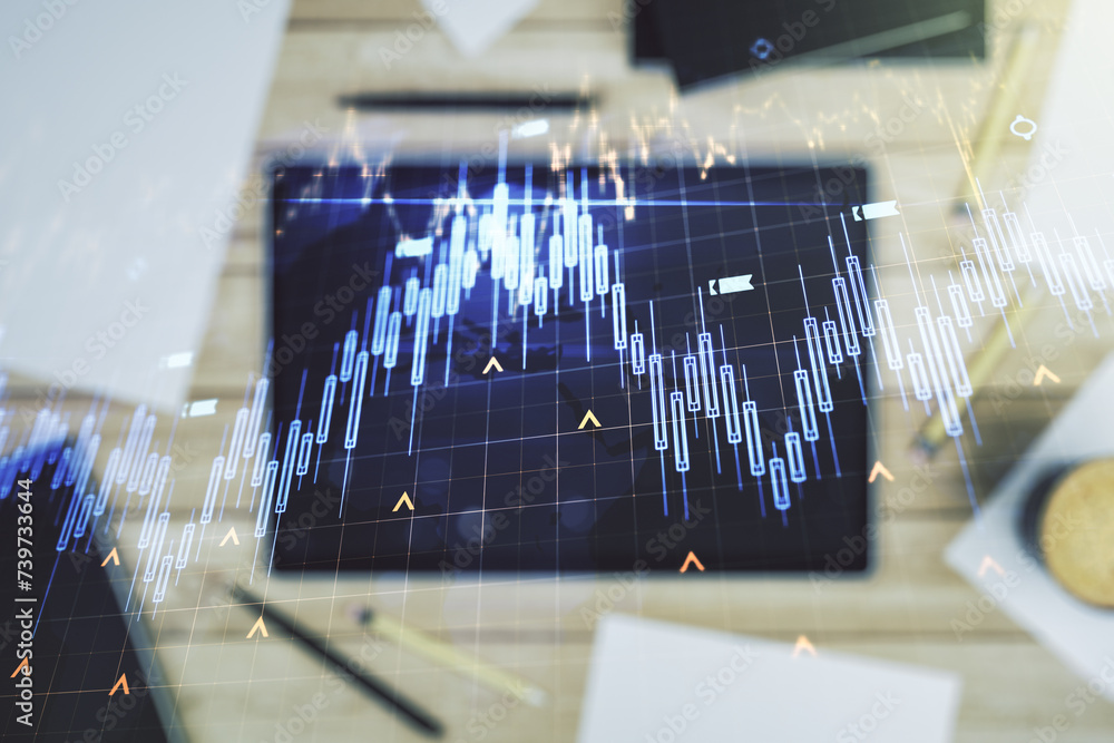Poster multi exposure of abstract financial diagram with world map and modern digital tablet on background,
