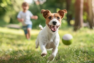 A joyful Jack Russell Terrier runs towards the camera with a ball, followed by a child in the background, on a sunlit grassy field.