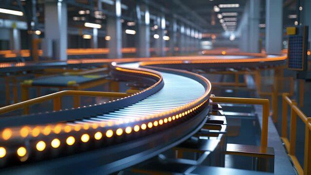 A series of conveyor belts moving products across the factory floor indicating the increased production and economic growth resulting from reshoring.