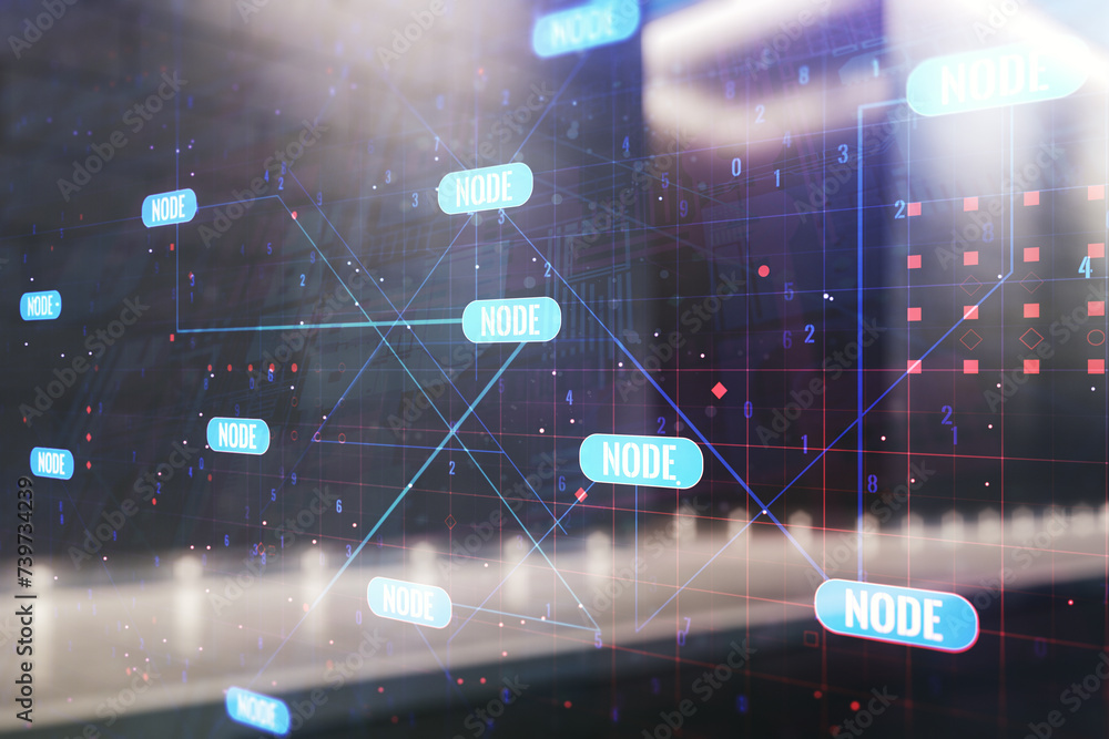 Poster abstract virtual coding concept on blurry modern office building background. multiexposure