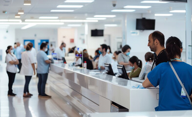 Healthcare professionals busy at work behind the hospital reception desk with patients and staff in the background. Hospital queue