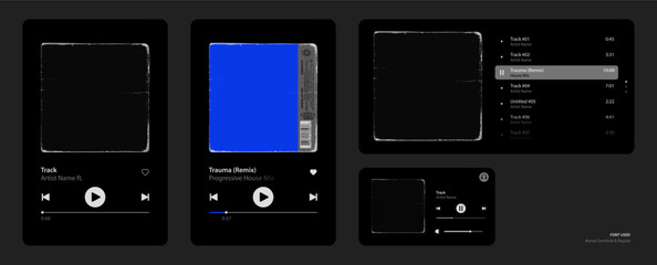 music player ui and widget mockup. Song and album mockup. old square texture overlay for album art