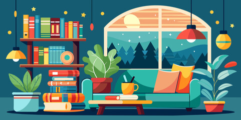 Book and Reading Nook Scene - Cozy Literature Corner Illustration - obrazy, fototapety, plakaty