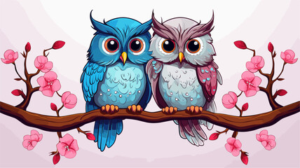 Obraz premium Abstract charming owl couple perched on a branch. simple Vector art