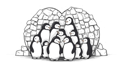Abstract cartoon penguins building an igloo in the shape of a heart. simple Vector art - obrazy, fototapety, plakaty