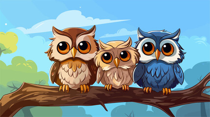 Obraz premium Abstract cartoon owls cuddling on a tree branch. simple Vector art
