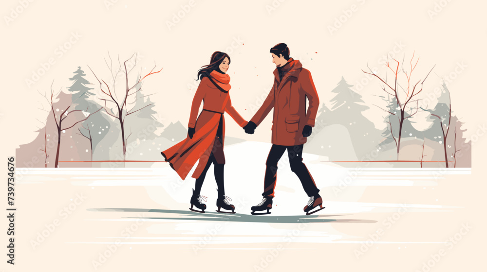 Canvas Prints abstract couple ice skating hand in hand on a winter day. simple vector art