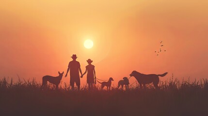 Silhouette of a couple enjoying a walk with their dogs in the countryside during a warm, glowing sunset with birds flying in the distance.