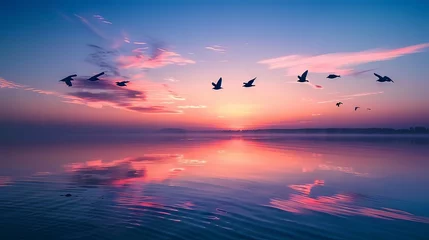 Tuinposter A flock of birds flies over a calm lake reflecting the vibrant colors of the sunset, creating a peaceful and picturesque scene. © doraclub