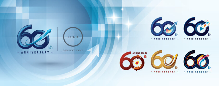 60th Anniversary logotype design, Sixty years Anniversary Logo multiple line for celebration event, Abstract Logo 60 Circle Arrow, Graph Growth to Success Concept