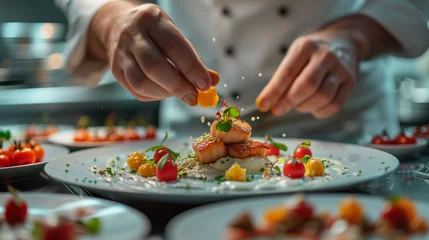 Fotobehang a close-up of the chef's hands decorating an exquisite fish dish before serving it to the table © MYKHAILO KUSHEI