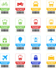Travel transport tickets with barcode in flat design on white background. Pass card for transport. Transport pictogram. Vector illustration EPS 10.