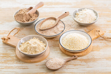 Assortment of various gluten free flour,  without carbohydrate (almond and coconut flour, psyllium...