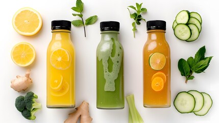  A collection of three detox juice bottles with black caps, containing lemon ginger, cucumber mint, and apple celery blends, isolated on a white background, showcasing the concept of detoxification - obrazy, fototapety, plakaty