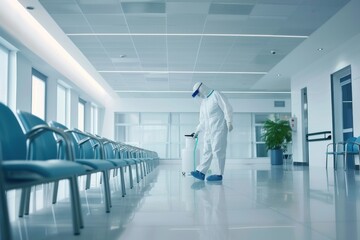 Healthcare worker in protective gear diligently sanitizing chairs in a white, pristine hospital waiting area.